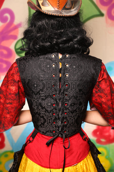 Duality Cropped Corset w/Back Lacing in Black Filigree Jacquard *pockets sold separately* - The "Twisted Tea Party" Collection