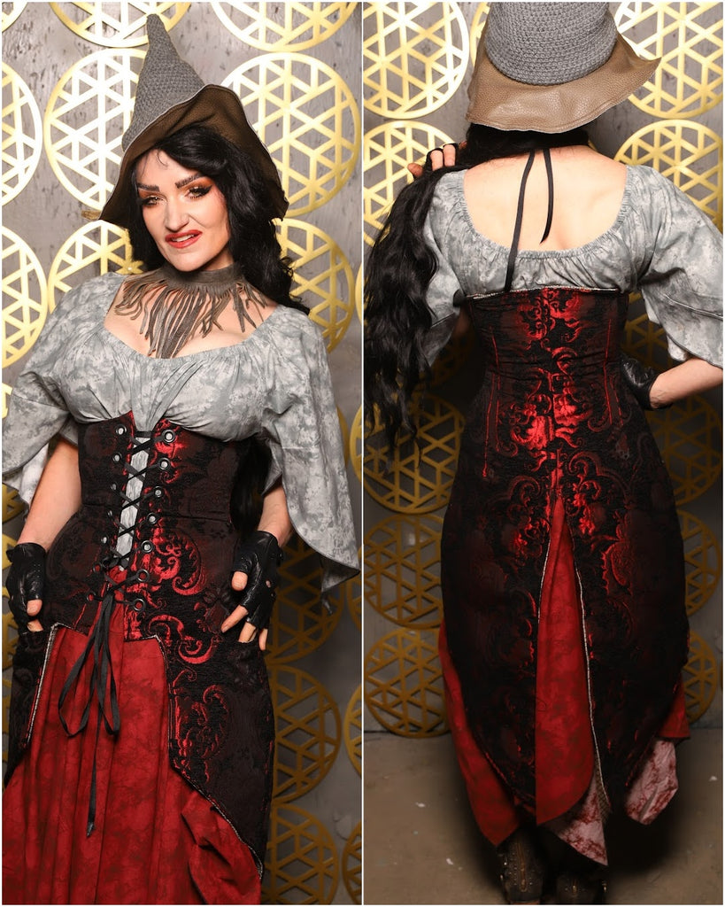 Siren Corset w/pockets in Crimson and Black Medallion - The “Pick Pocket Princess” Collection