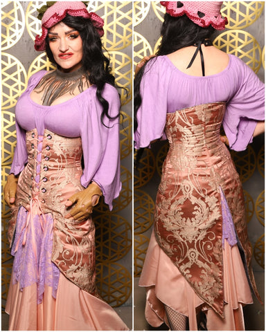 23. Siren Corset w/pockets in Pearl Pink Damask - The “Pick Pocket Princess” Collection