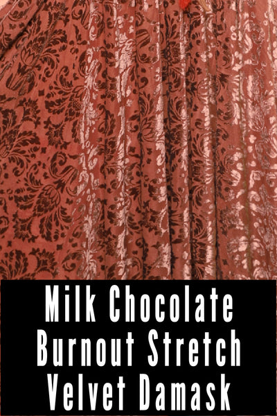Turban Head Wrap in Milk Chocolate Burnout Stretch Velvet Damask with Shell Patch - The Magic Carpet Ride Collection