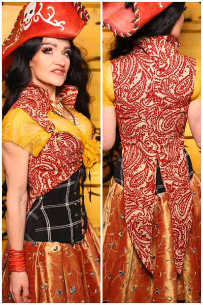 Tailed Cropped Overbust in Red & Cream Paisley Damask - THE SWASHBUCKLERS: PART 1