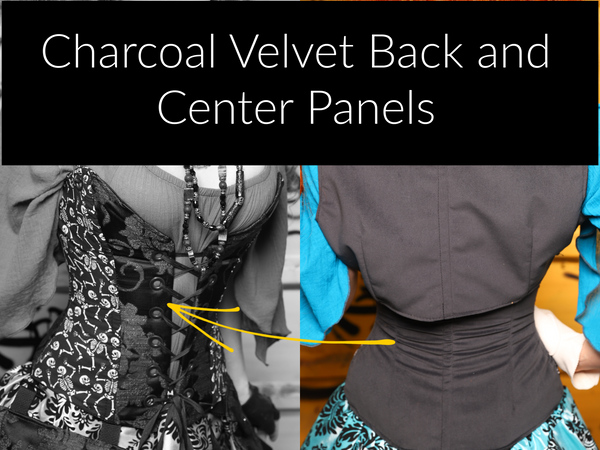 26. Petite Crossfire Corset in Black Damask w/Panels in Dancing Skeleton AND Petite Crossfire Corset in Charcoal Velvet w/Panels in Dancing Skeleton*includes crossfire straps* - The Parlay and Promenade Collection