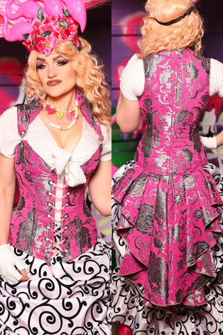 Courtier Corset w/ Peplum Ruffle in Pink & Silver Medallion - The Dragon Fruit Diva Collection