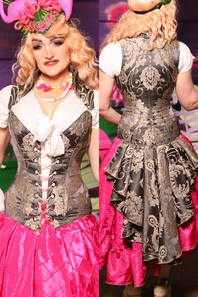 Courtier Corset w/ Peplum Ruffle in Gravestone Damask - The Dragon Fruit Diva Collection
