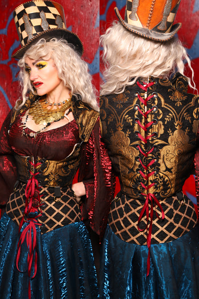 Duality Cropped Corset in Black & Gold Medallion - The Checkered Past Collection