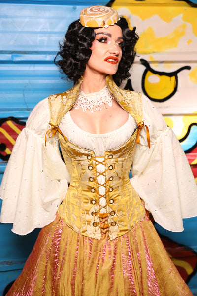 Crossfire Overbust *Base Corset ONLY - Collars Sold Seperatly* in Belle Gold Damask - "Wakey Wakey Eggs & Bakey" Collection