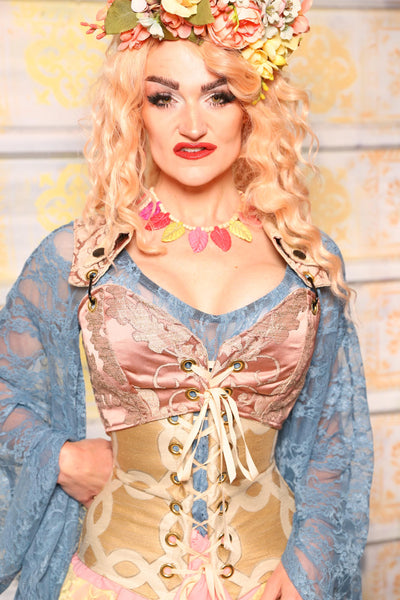 Cropped Dapper Courtier Corset in Pearl Pink Damask *PLEASE order by BUST Measurement, NOT waist!* - Surprise Sale!
