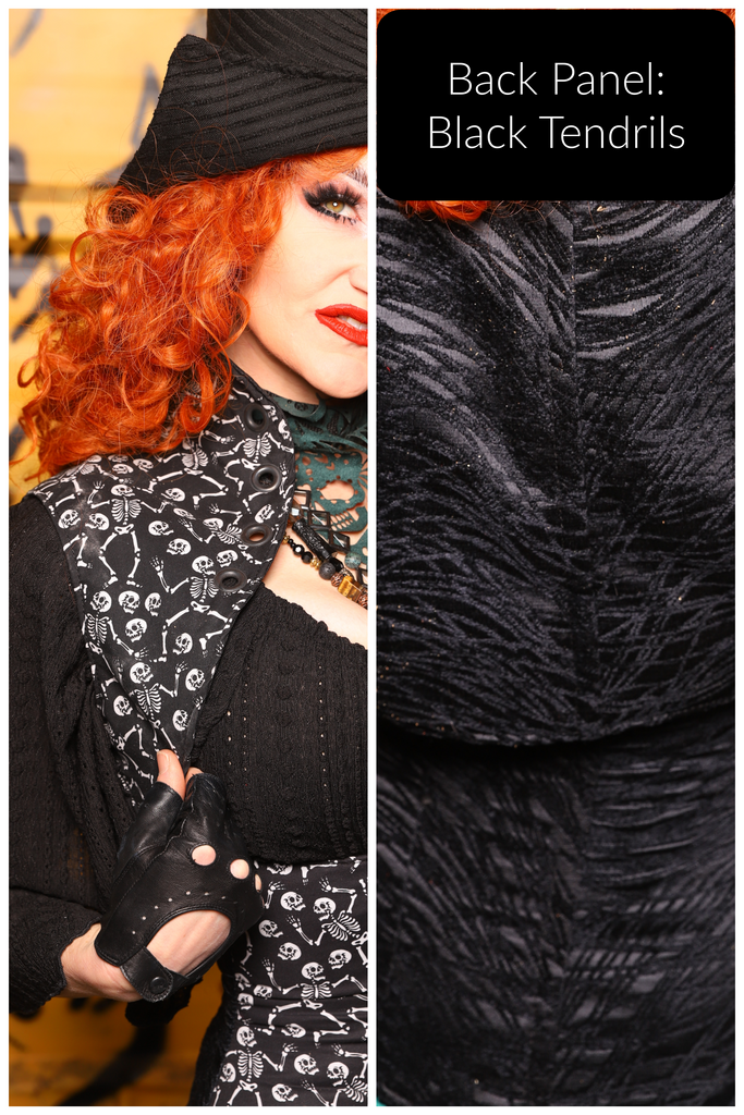 21. Lace Up Vest in Black Tendrils w/Front Panels in Dancing Skeleton - The Parlay and Promenade Collection