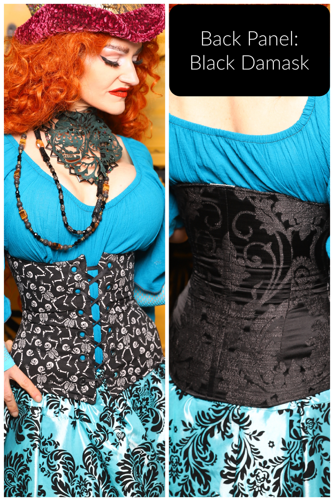 31. Petite Wench in Black Damask w/Front Panels in Dancing Skeleton - The Parlay and Promenade Collection