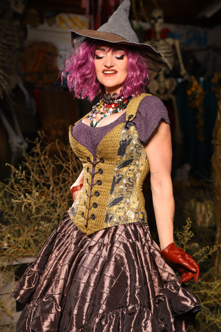 Petite Courtier Overbust Corset in Mossy Gold Weeve w/Curious Conjurings panels - Spooky Saturday Part 5