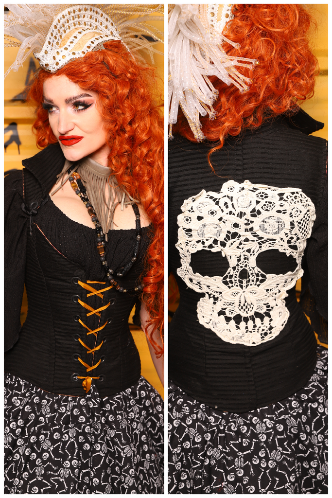 Petite Courtier in Black Corded Upholstery w/Lace Skull Applique - The Parlay and Promenade Collection
