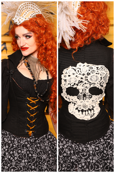 Petite Courtier in Black Corded Upholstery w/Lace Skull Applique - The Parlay and Promenade Collection