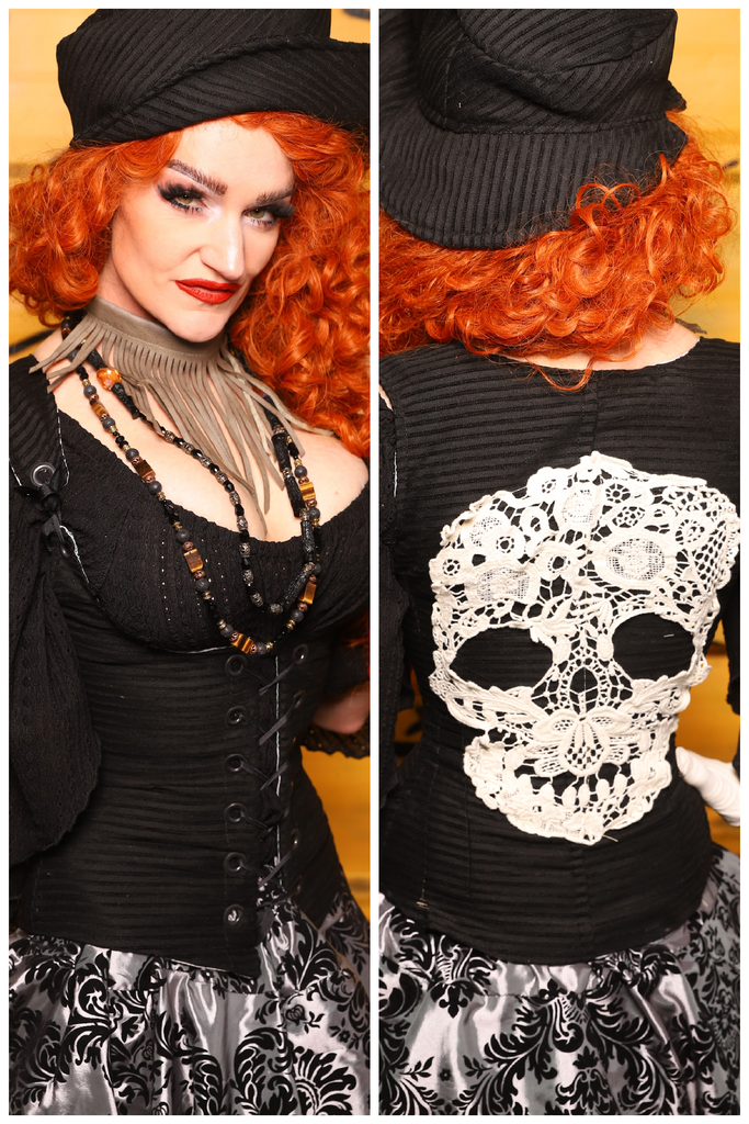 29. Petite Vixen Corset in Corded Black w/Lace Skull Applique - The Parlay and Promenade Collection