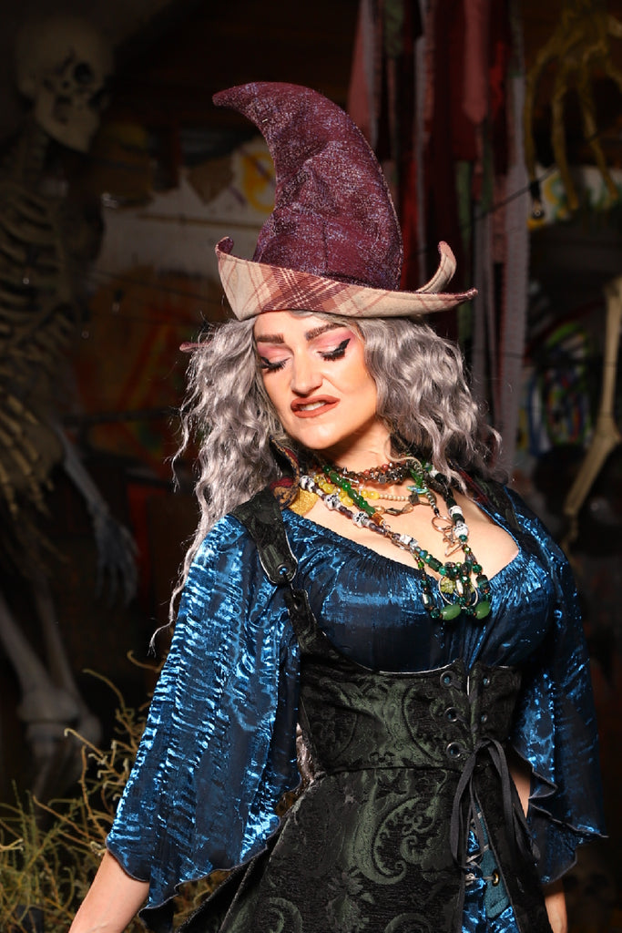 Spiky Witch Hat in Bramble Upholstry w/Mulberry Plaid Brim - The Prismatic Potion Collection
