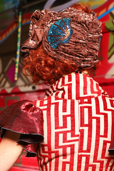 Turban Head Wrap in Milk Chocolate Burnout Stretch Velvet Damask with Shell Patch - The Magic Carpet Ride Collection