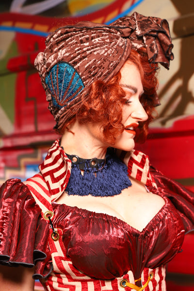 Turban Head Wrap in Milk Chocolate Burnout Stretch Velvet Damask with Shell Patch - The Magic Carpet Ride Collection
