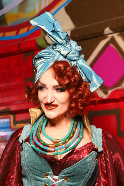 Turban Head Wrap in Aqua Teal Pintuck with Butterfly applique - The Magic Carpet Ride Collection