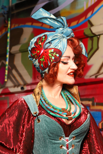Turban Head Wrap in Aqua Teal Pintuck with Butterfly applique - The Magic Carpet Ride Collection