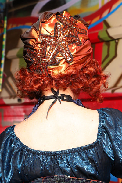 Turban Head Wrap in Copper and Molten Sun with Starfish patches - The Magic Carpet Ride Collection