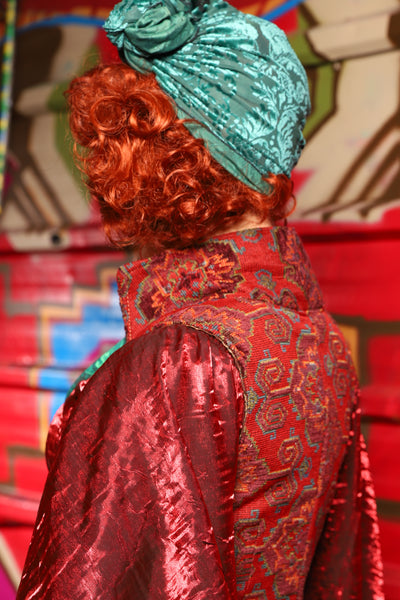 Turban Head Wrap in Teal Burnout Stretch Velvet Damask - The Magic Carpet Ride Collection