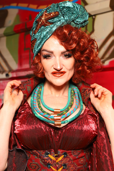 Turban Head Wrap in Teal Burnout Stretch Velvet Damask - The Magic Carpet Ride Collection