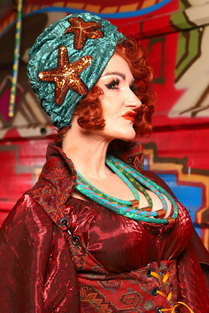 Turban Head Wrap in Teal Burnout Stretch Velvet Damask - The Magic Carpet Ride Collection