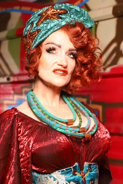Turban Head Wrap in Teal Burnout Stretch Velvet Damask - The Magic Carpet Ride Collection