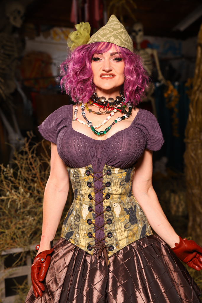 Wench Underbust Corset in Weathered Parchment with Curious Conjurings panels - Spooky Saturday Part 5