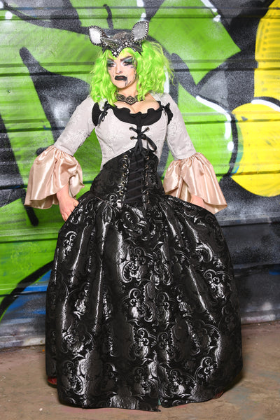 Queenie Split Front Overskirt with Pockets in Black and Silver Medallion -The Shock Factor Collection