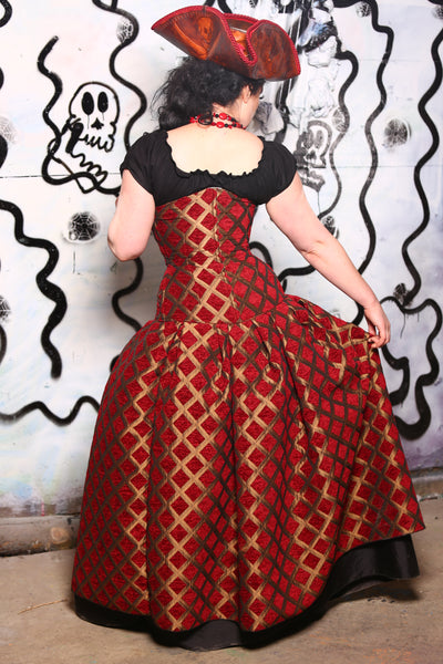 Queenie Split Front Overskirt w/ Big Pocket in Red and Gold Diamond - The Sailor's Delight Collection
