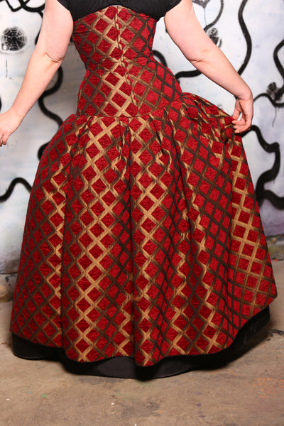 Queenie Split Front Overskirt w/ Big Pocket in Red and Gold Diamond - The Sailor's Delight Collection