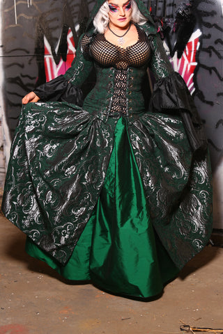 Queenie Split Front Overskirt with Pocket in Emerald & Silver Medallion - The Monet-Punk Collection
